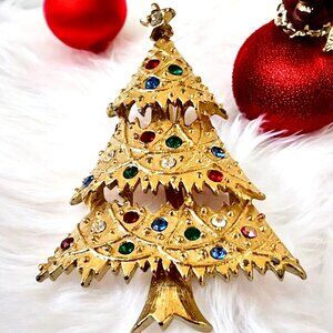 Eisenberg Ice Vintage Christmas Tree Pin Brooch Multi-Color Rhinestones Signed